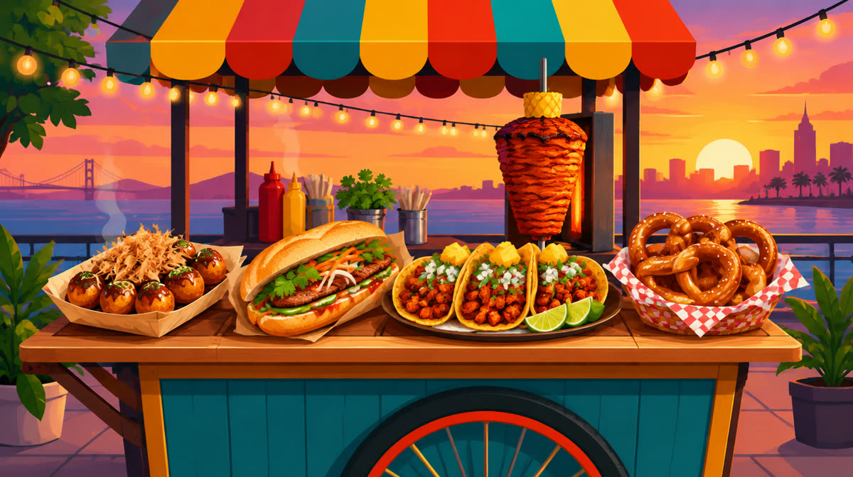 Colorful flat illustration of a bustling street food market with carts and stalls