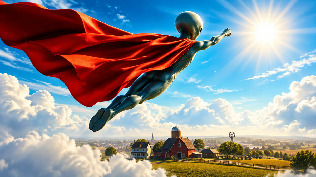 Superman flying over a city skyline with a bright sun behind him