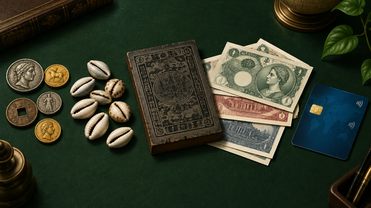 Coins, banknotes from various countries and a piggy bank on a wooden table