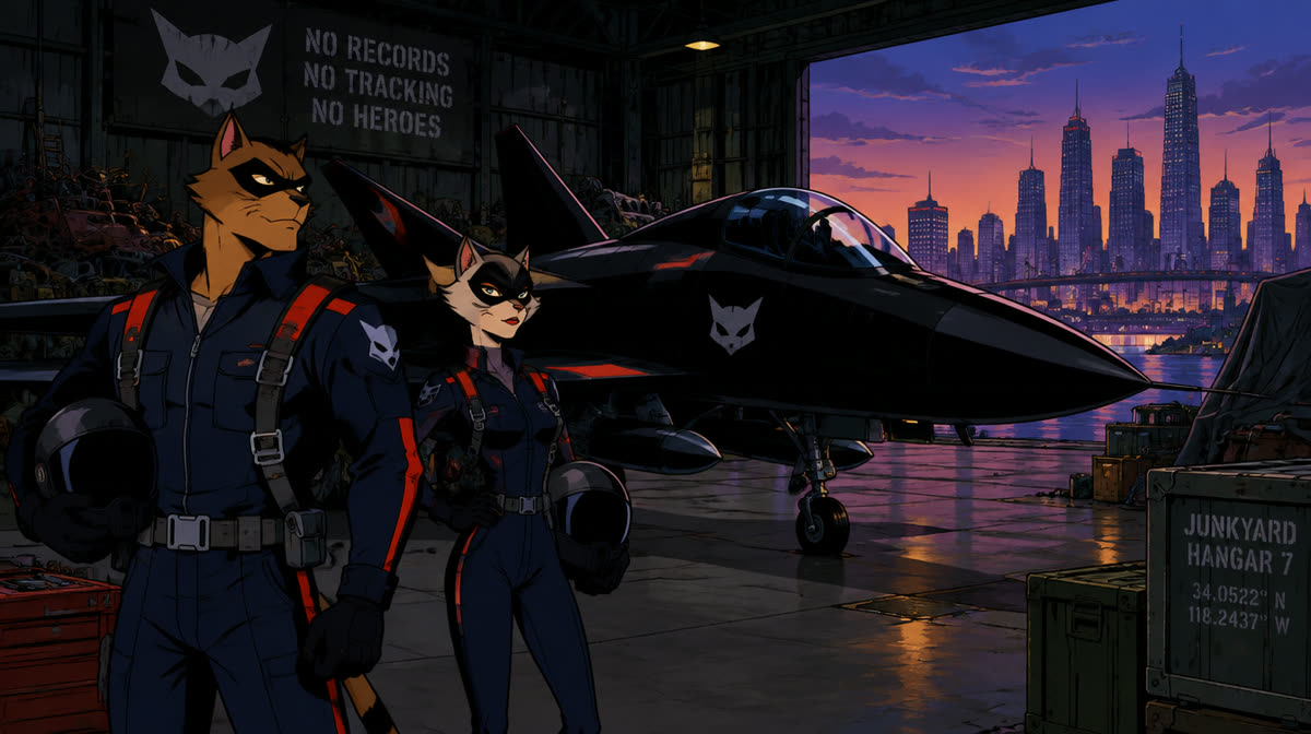 Flat illustration of two cartoon cat pilots in a jet fighter over a city skyline