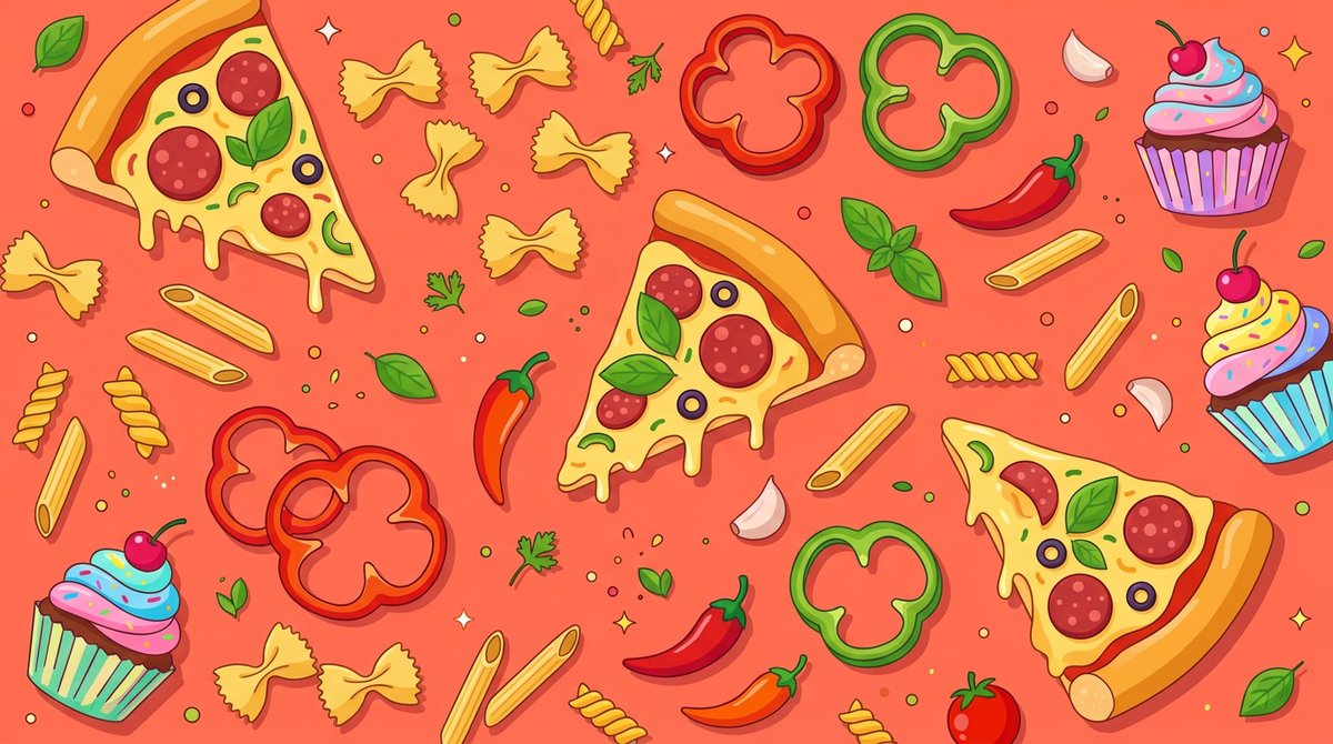 Colorful flat-lay of pasta, pizza slices and fresh vegetables