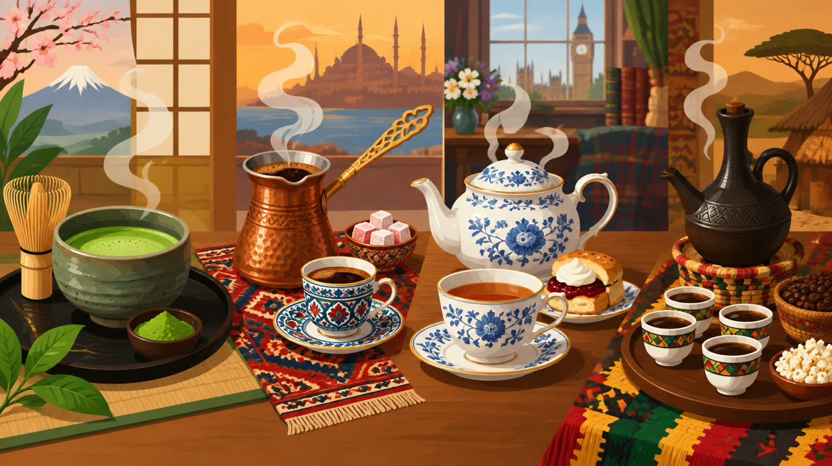 Flat illustration of a steaming teapot and coffee pot surrounded by cups from different cultures