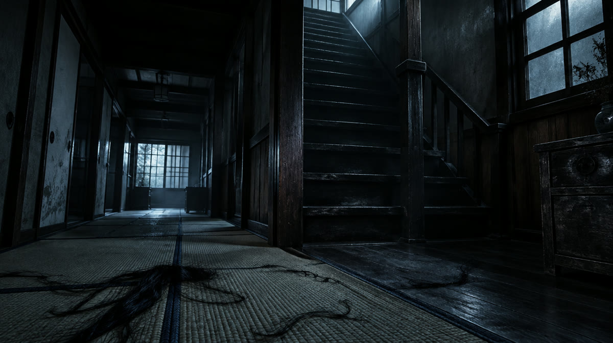 Pale ghostly figure crawling down a staircase in a dark house