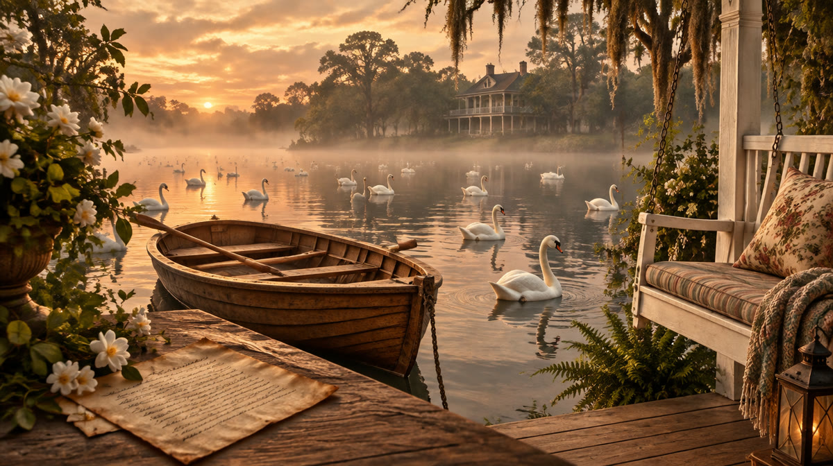 Couple embracing in a rowing boat on a calm lake at sunset