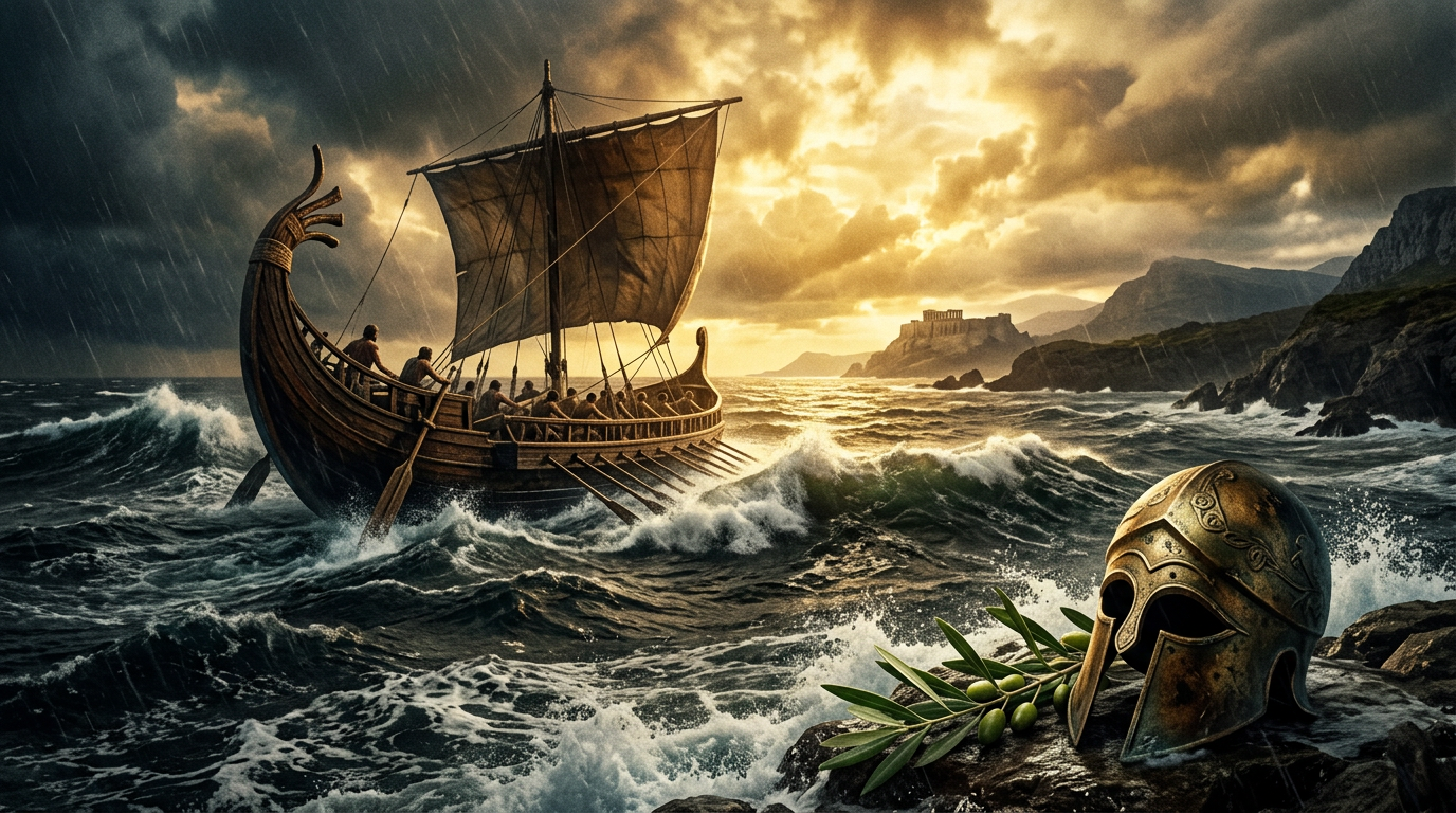 Ancient Greek warrior sailing through a stormy mythic sea
