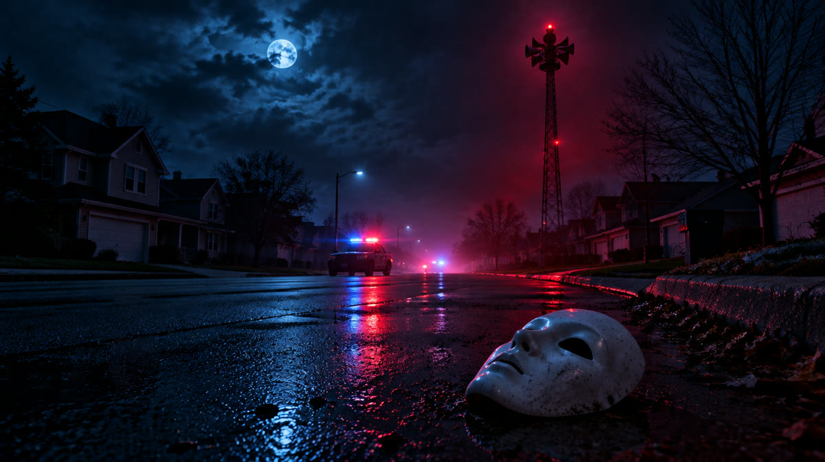 Menacing masked figures standing under a streetlight at night