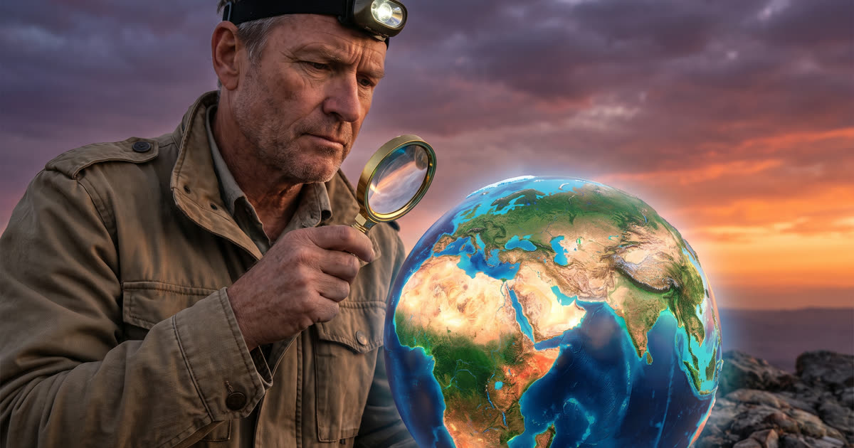 Explorer with a magnifying glass studying a detailed glowing Earth