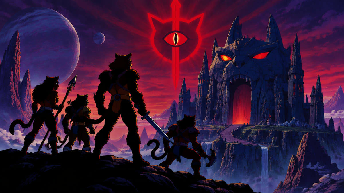 Flat illustration of a muscular cartoon cat warrior wielding a glowing sword