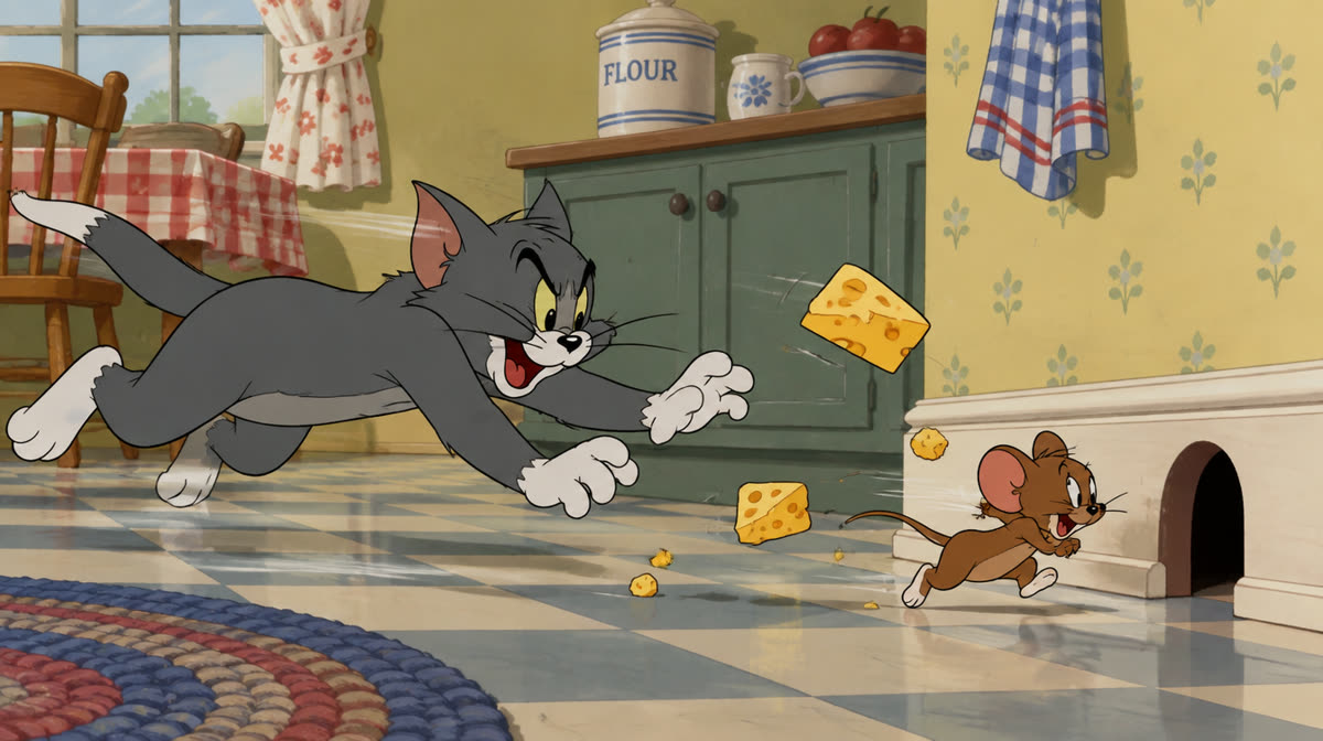 Colorful flat illustration of a cat chasing a mouse through a house