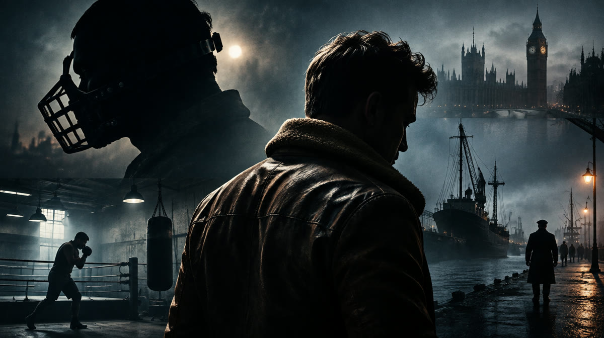 Muscular masked villain in a dark tactical vest against an industrial backdrop, evoking Tom Hardy's Bane
