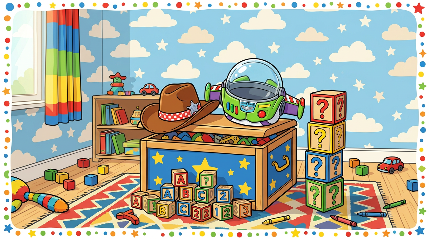 Colourful toy friends facing a glowing tablet in a child's room