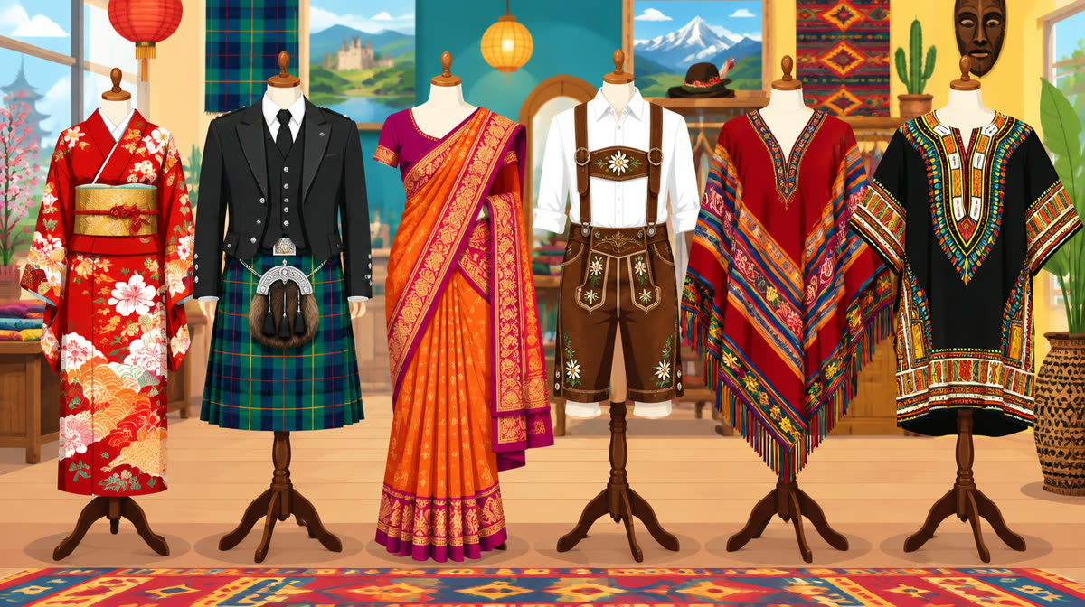 Flat illustration of people wearing colorful traditional garments like kimono, kilt, and sari