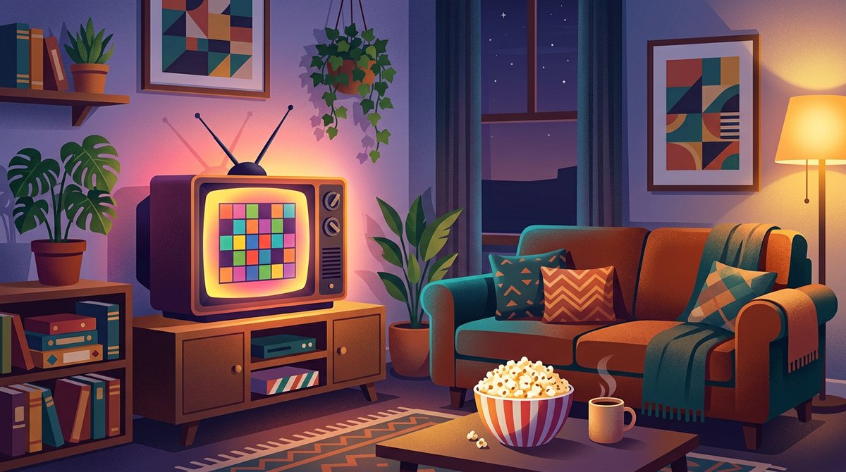 Cozy retro television set glowing in a colorful living room