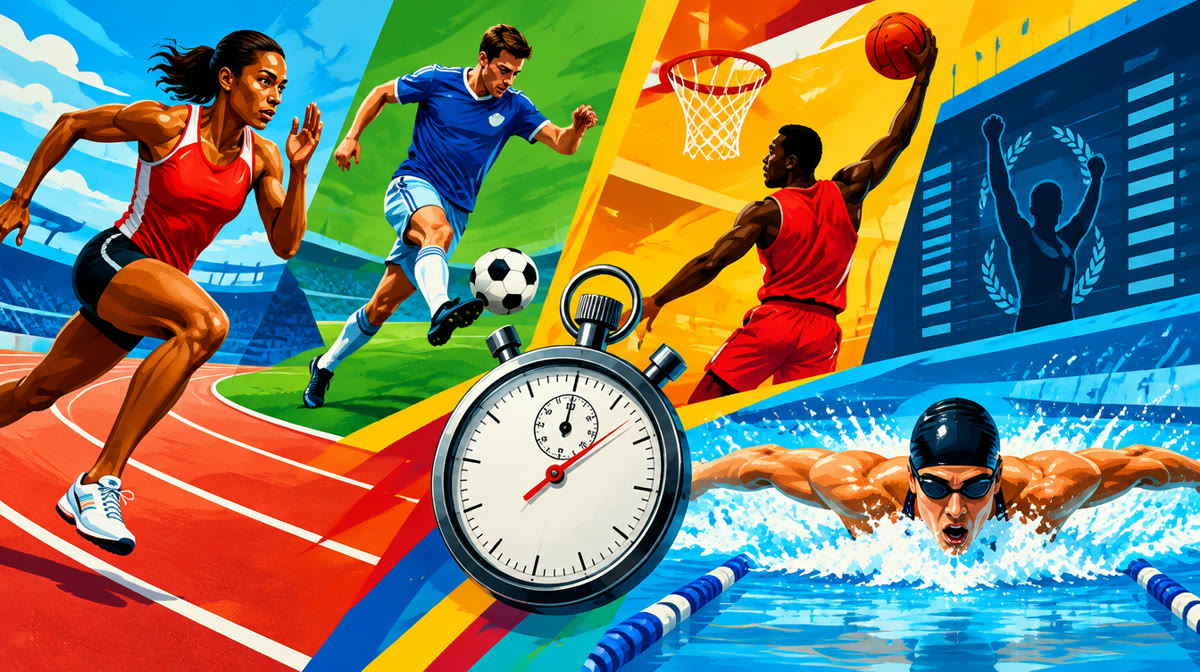 A dramatic sports stadium scene with a runner, a scoreboard and cheering crowds
