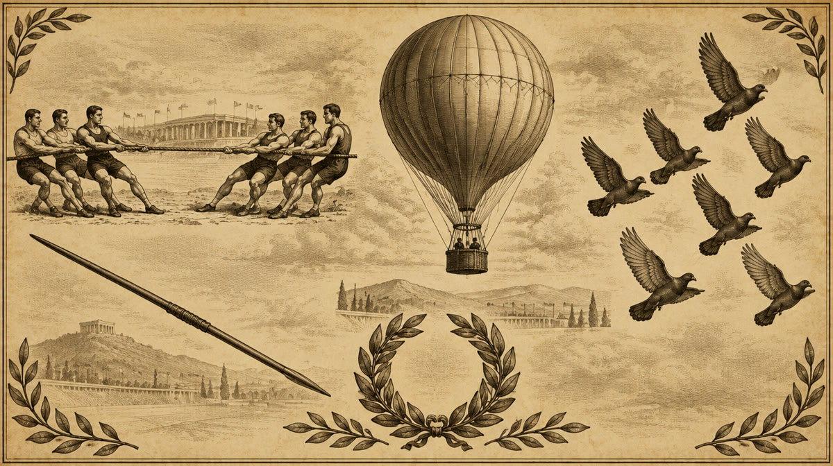 A vintage Olympic stadium scene with athletes competing in a historic event