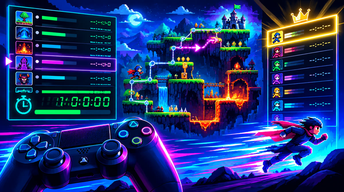 A gamer intensely focused on a controller with a speedrun timer overlay on screen
