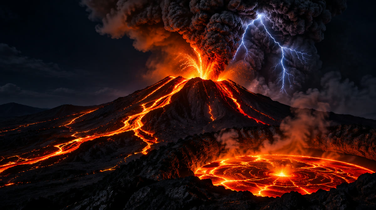 A dramatic erupting volcano with glowing lava flows against a dark sky