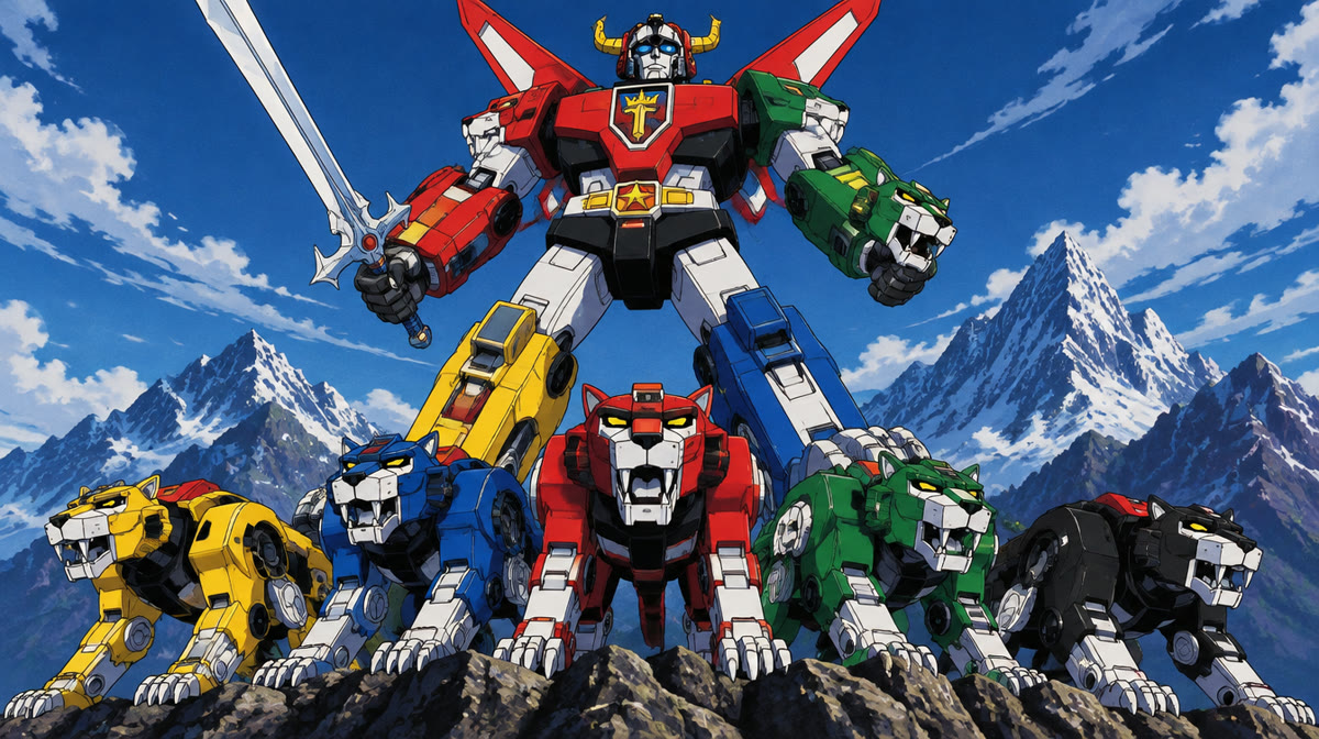 Five robotic lions combining into a single giant humanoid robot