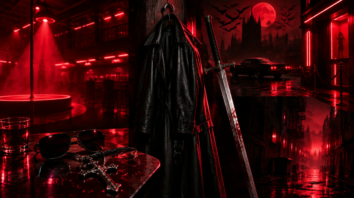Vampire hunter in sunglasses and leather coat standing in a dark cityscape, evoking Wesley Snipes's Blade
