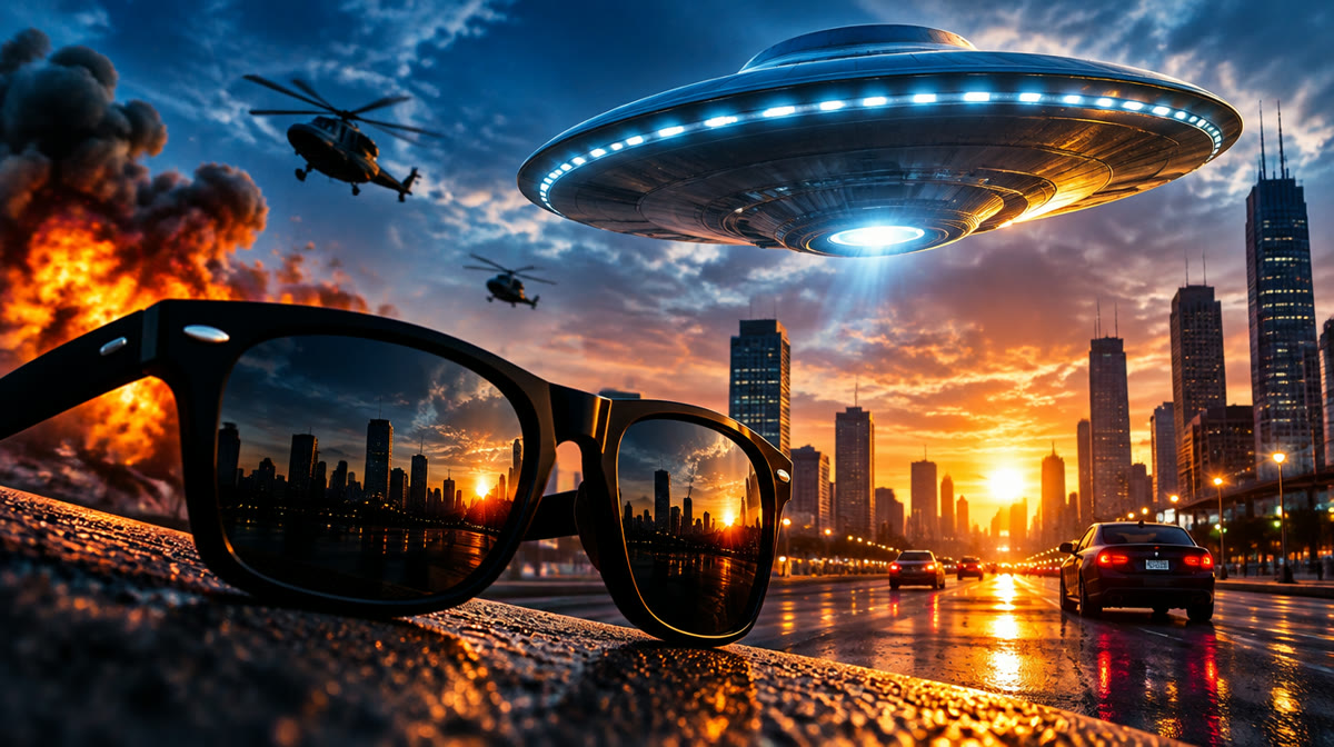 Charismatic actor standing before a sci-fi cityscape, evoking Will Smith's summer blockbuster roles