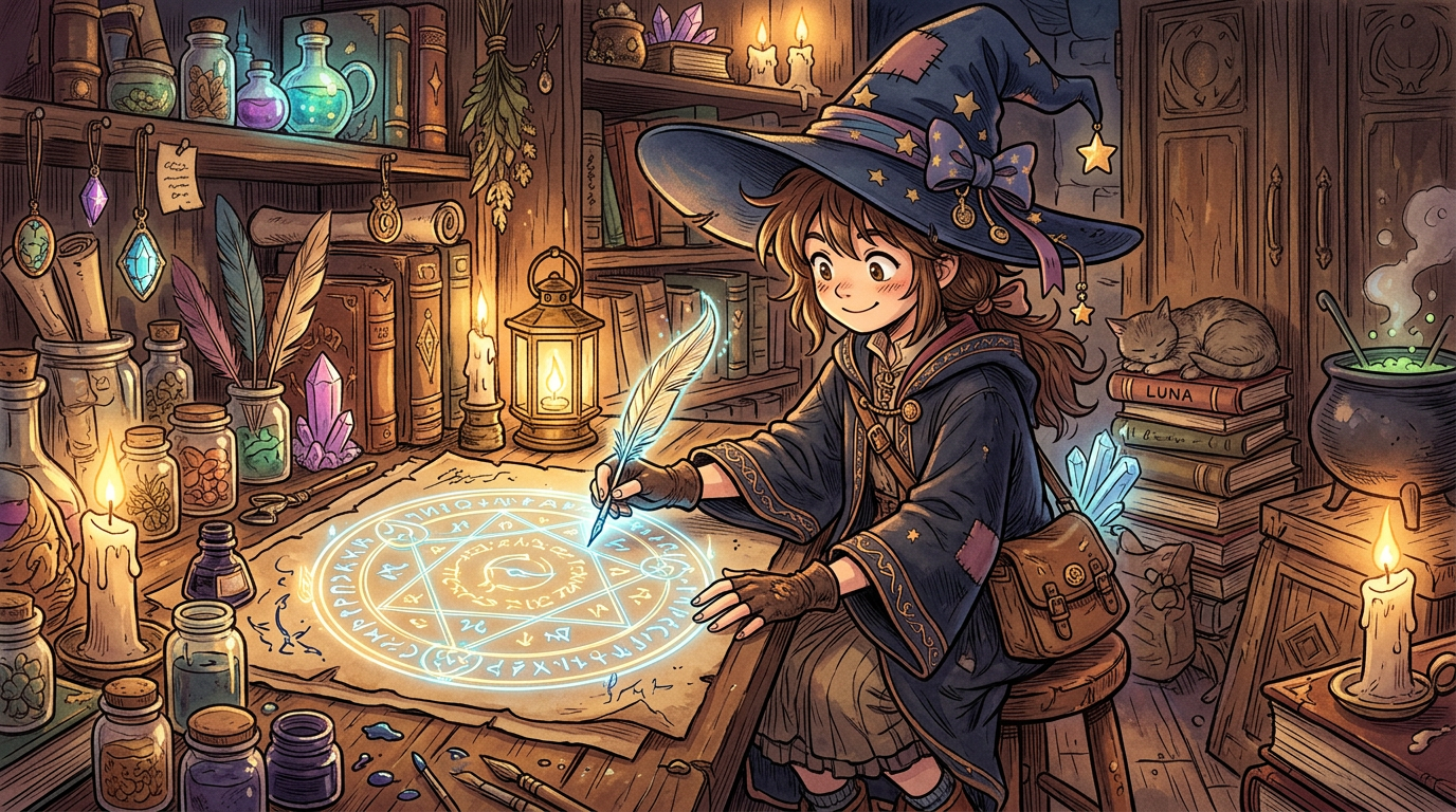 Young witch drawing glowing runes in an ornate fantasy workshop