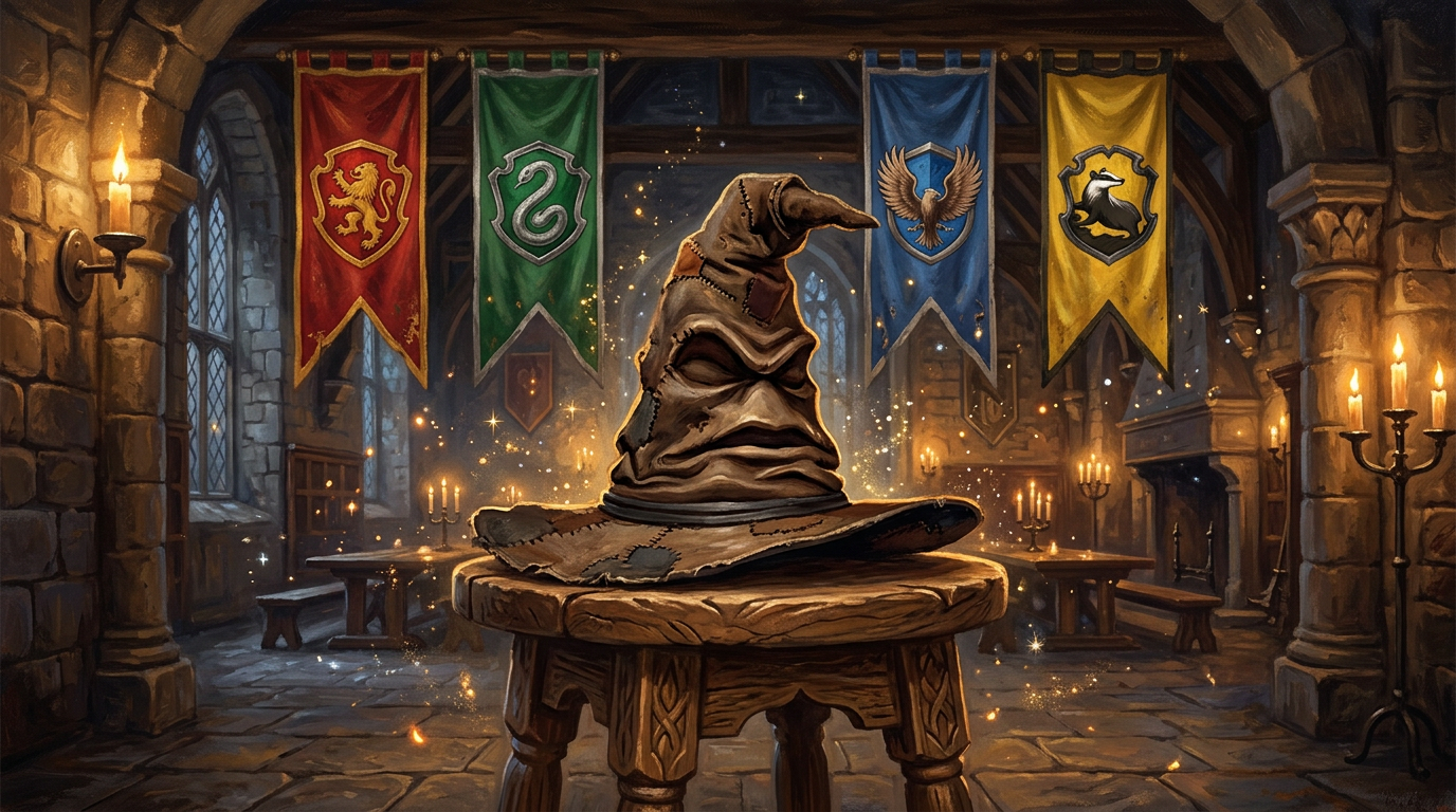 Patched sorting hat on a stool before red, green, blue and yellow banners
