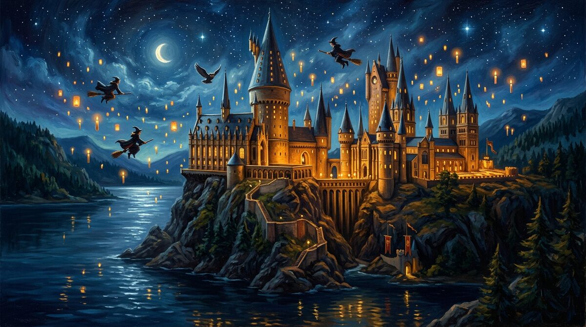 Painted wizard castle on a cliff at night with floating candles and broomstick riders