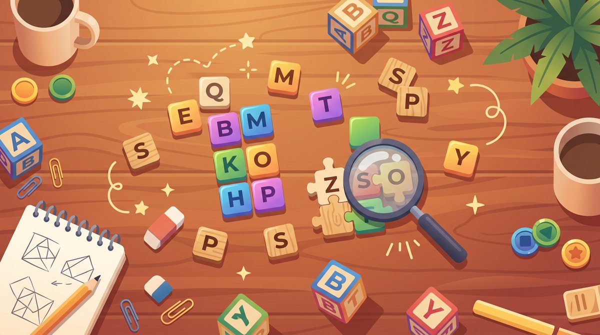Scattered colorful letter tiles spelling playful words on a desk