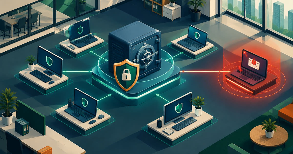 Office computers linked to a secure vault while a suspicious email is isolated