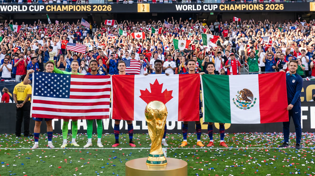 World Cup trophy on a pitch with USA, Canada and Mexico flags in a packed stadium