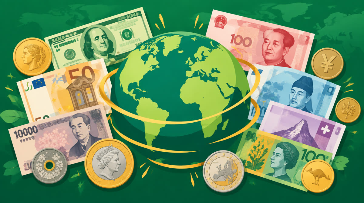 Flat illustration of colorful banknotes and coins from different countries