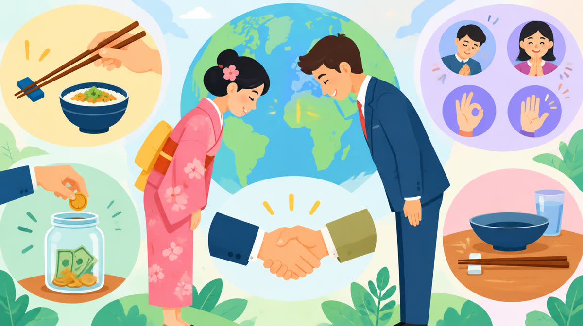 Flat illustration of people greeting each other with different customs like bowing and handshakes
