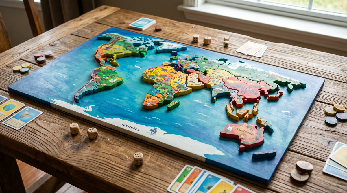 Seven raised continent puzzle pieces on a colorful world map game board