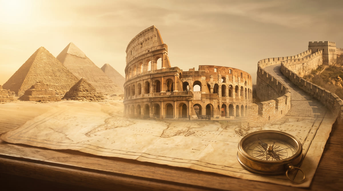 Pyramids, the Colosseum and the Great Wall beside an old parchment map and compass