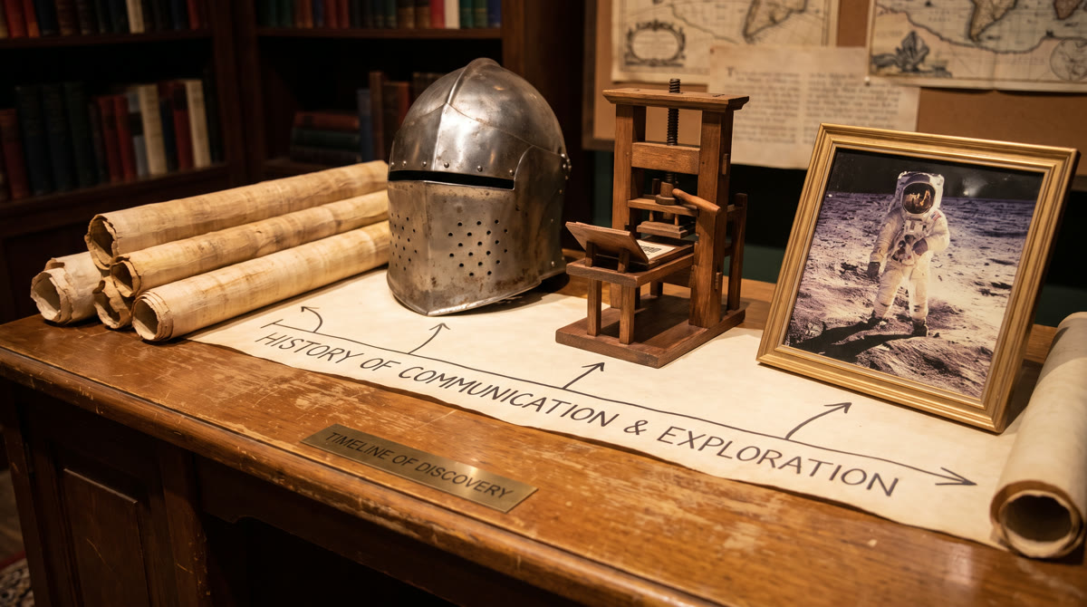 Ancient scrolls, a knight's helmet, a printing press and a moon landing photo on a museum desk