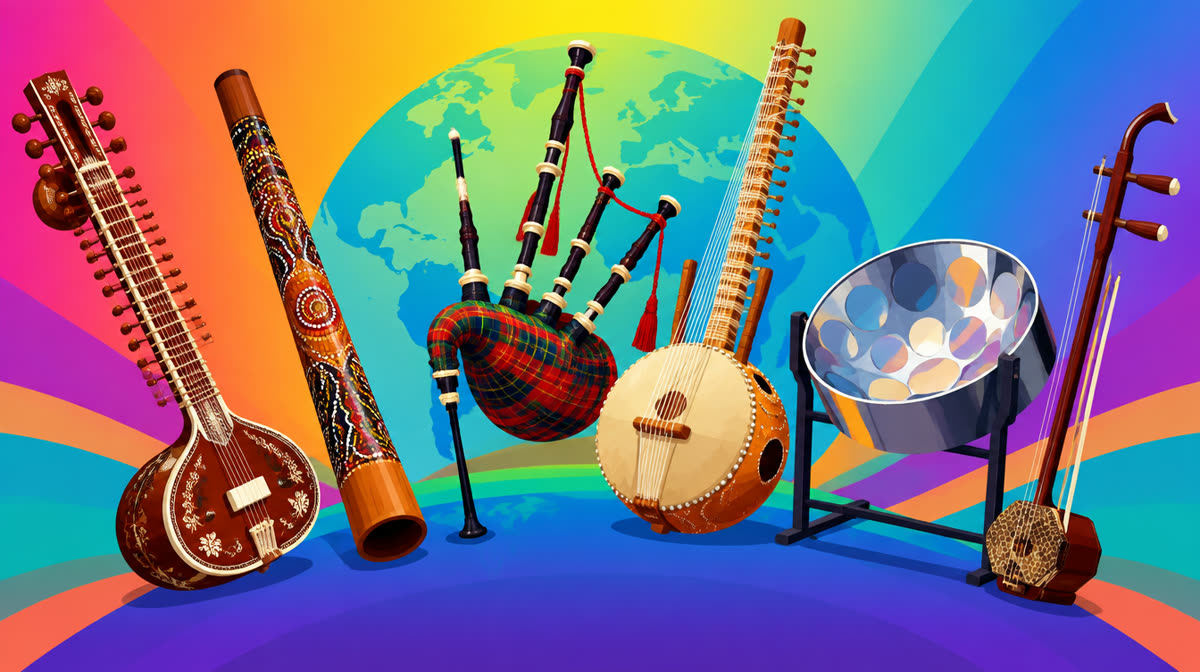 Flat illustration of a sitar, didgeridoo, bagpipes, and kora arranged together
