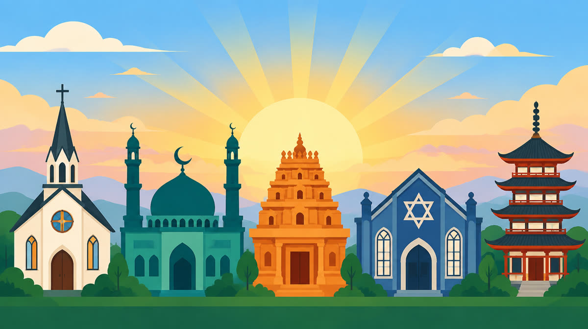 Colorful flat illustration of diverse places of worship including a temple, church, and mosque