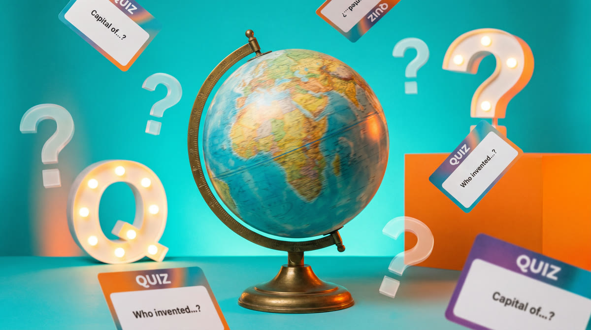 A vintage globe surrounded by floating question marks and quiz cards
