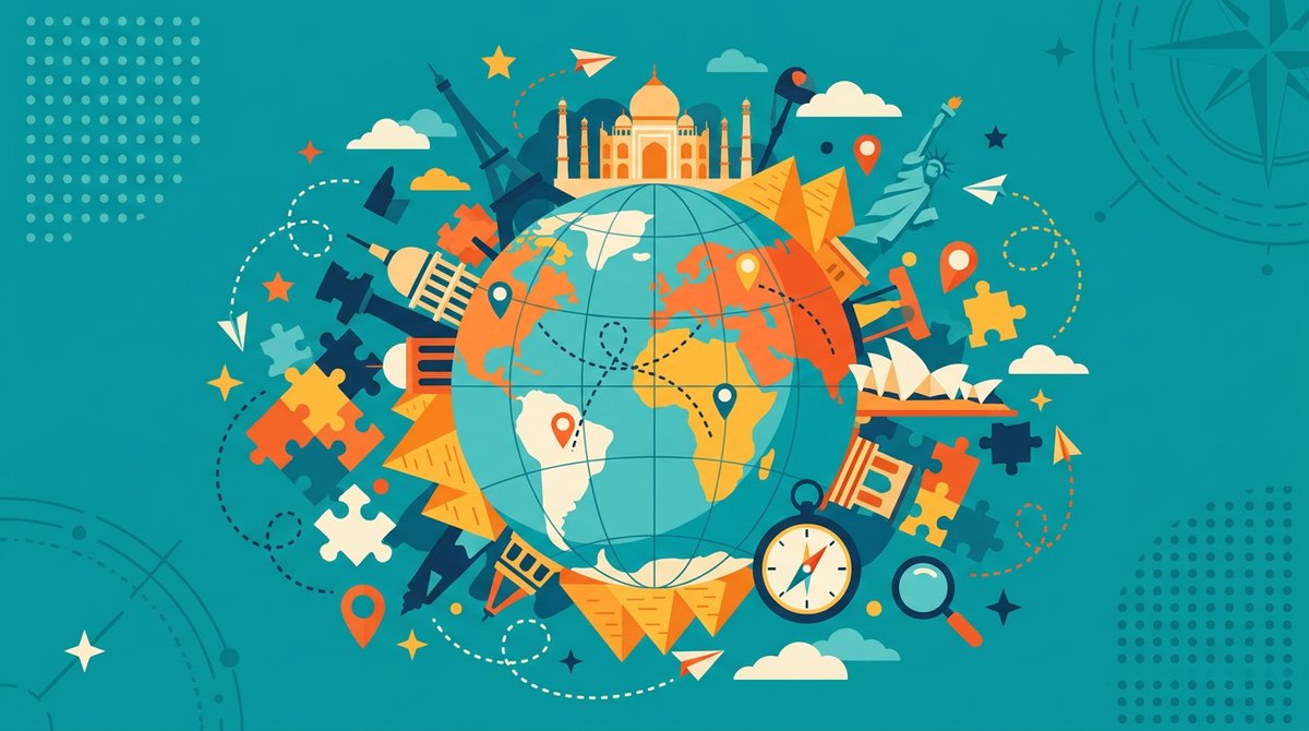 Bright illustrated globe surrounded by landmarks and compass icons