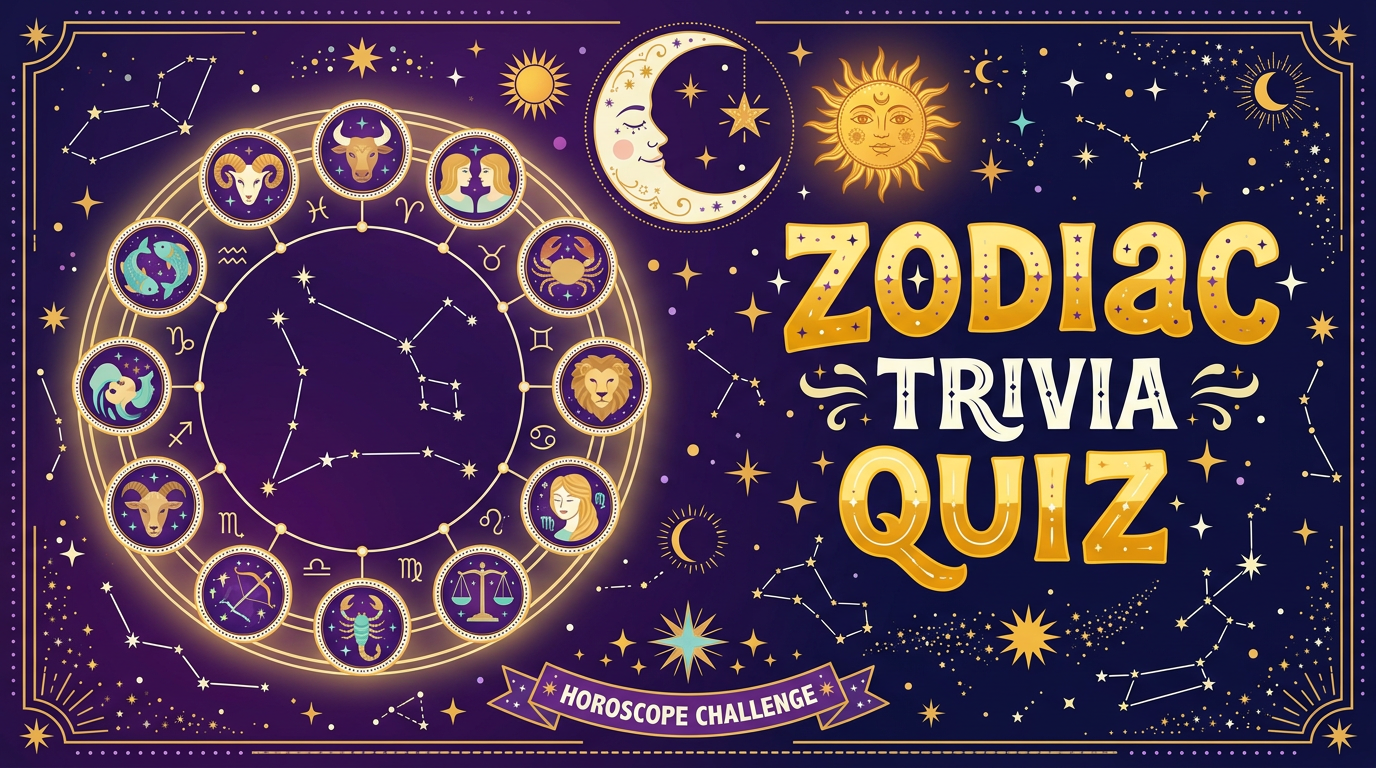 Zodiac wheel with twelve sign symbols, moon and constellations on deep purple